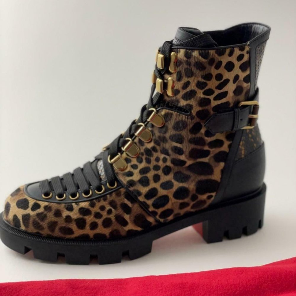NIB Christian Louboutin MACADEMIA Leopard Pony Lace Up Moto Biker Combat Boots - Picture 4 of 12